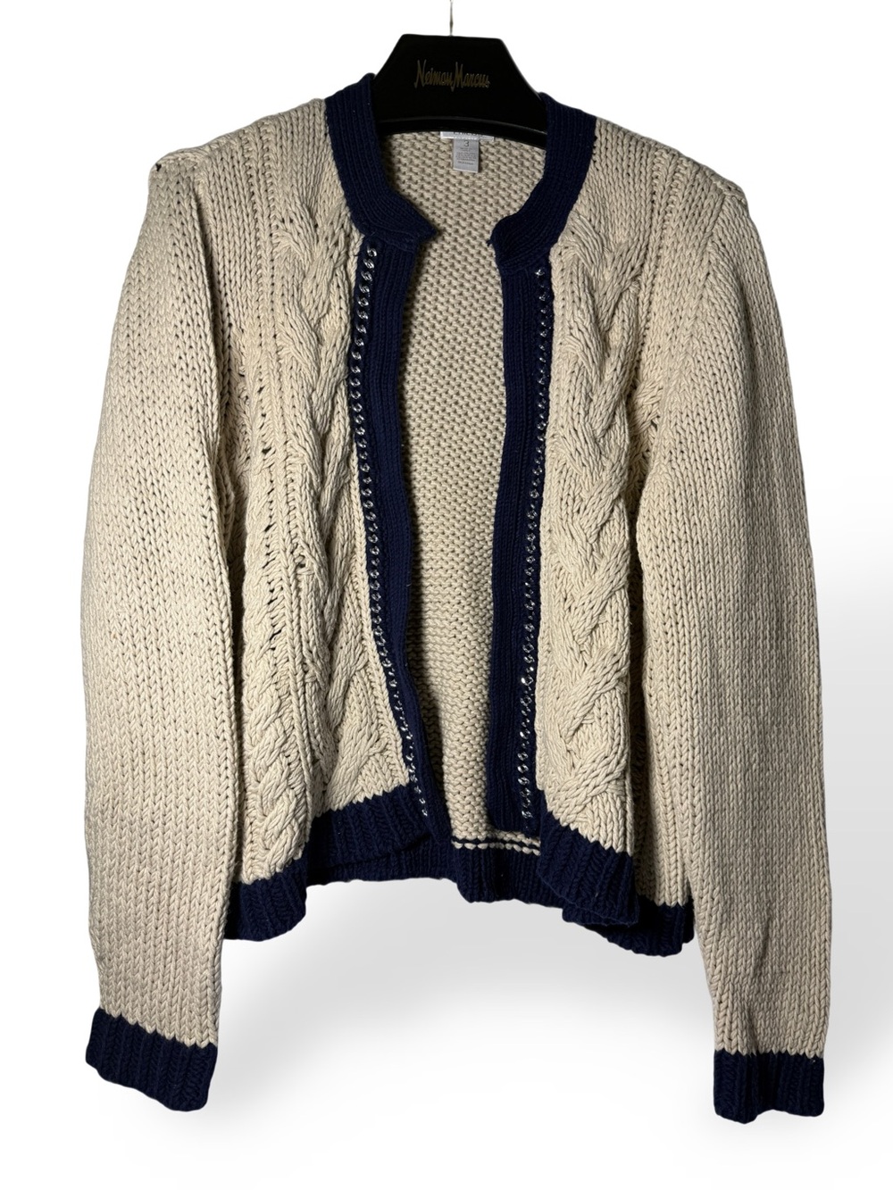 Chico's Cream Cable Knit Cardigan with Navy Trim